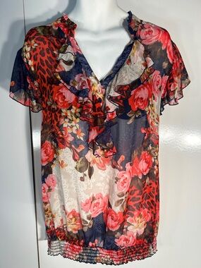 Pure Energy SZ 4 Navy Floral Ruffle V-Neck Top Fairy Core Romantic Cottage Boho